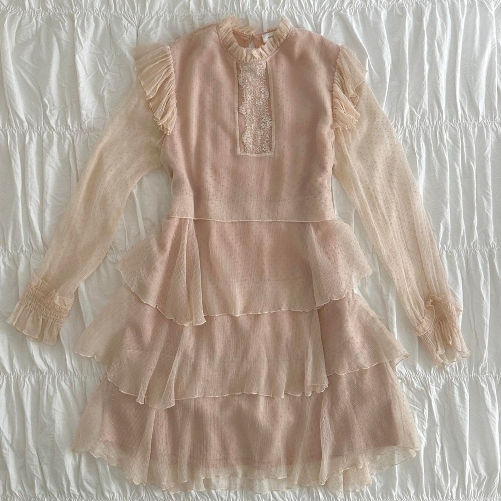 Anine Bing 100% Silk Light Pink Polka Dot Ruffle Lace Long Sleeve Mini Dress